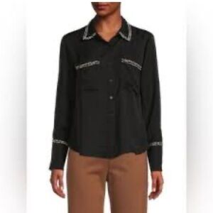 Zara Fuzzy Tweed Black & White Button-Up Blouse with Gold Buttons sz M